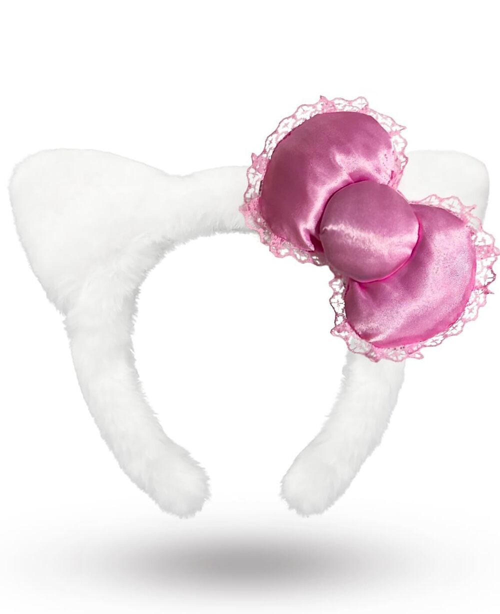 7539 Kitty Headband with Pink Bow Cute White Cat Ears Hairband Chirtmas